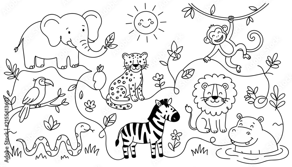 Obraz premium Cute Jungle Animals Coloring Page Vector Sheet Featuring Cartoon Elephant Monkey Lion Zebra Leopard Hippopotamus Parrot And Snake In Tropical Forest
