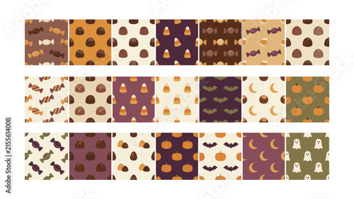 Set of eighteen cute seamless patterns for halloween featuring candy corn pumpkins ghosts bats and sweet treats in festive autumn colors for holiday wrapping paper decoration and digital backgrounds