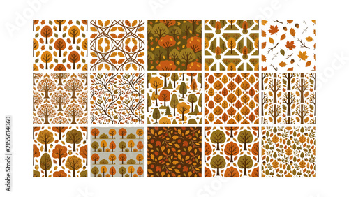 Set of fifteen colorful autumn season seamless patterns featuring stylized trees, falling leaves, and geometric forest themes for creative graphic design projects and decorative paper backgrounds