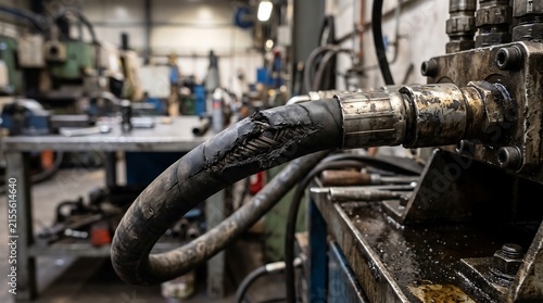 Close-up of a severely damaged and worn hydraulic hose connected to industrial machinery in a busy workshop environment, showing signs of oil leakage and wear.