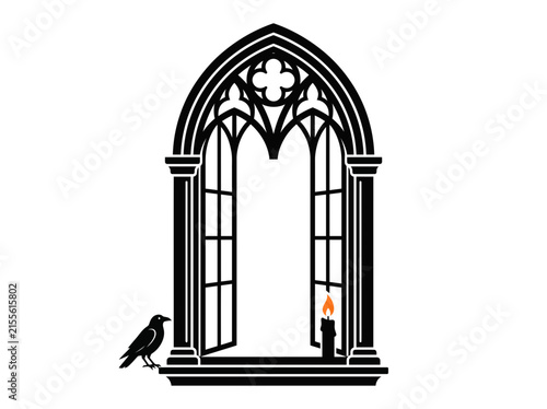 Bild auf Leinwand Gothic window frame with a raven and candle silhouette vector illustration