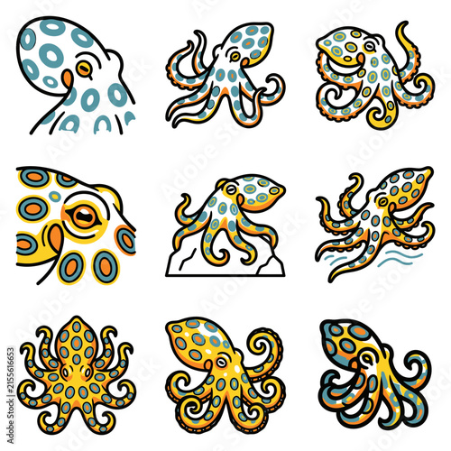 Colorful illustrated octopus collection set