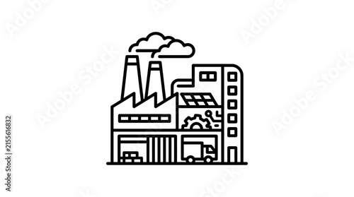 Industrial factory with smokestacks and trucks