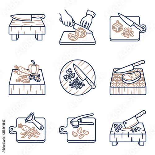 Kitchen cutting board with vegetables and knife