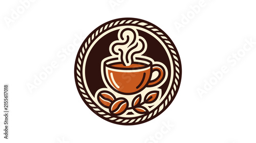 Steaming coffee cup with beans and leaves