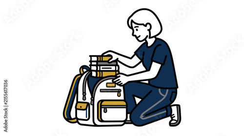 Student packing books into backpack