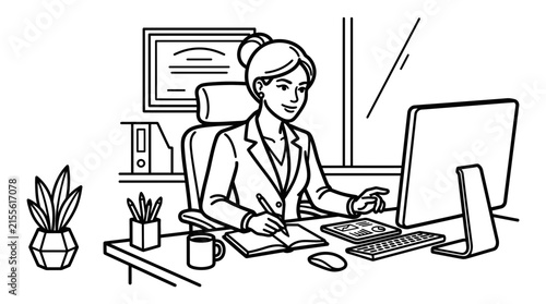 Woman working at office desk setup
