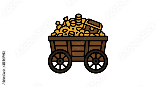 Wooden cart filled with gold coins and treasure