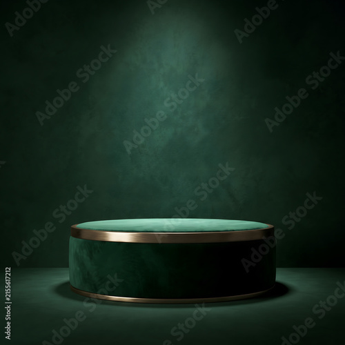 Green podium with gold accent stands empty against a dark textured wall.