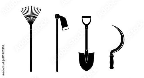 Gardening tools icons rake hoe shovel sickle isolated on white background with four black gardening tool icons yard work agriculture landscaping