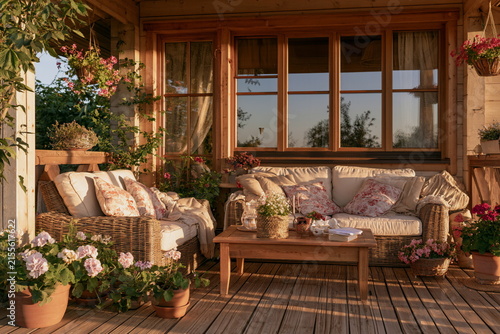 Sunlit wooden porch with chairs, flowers and potted plants, creating a cozy cottage setting for relaxing outdoors in a peaceful summer garden retreat!