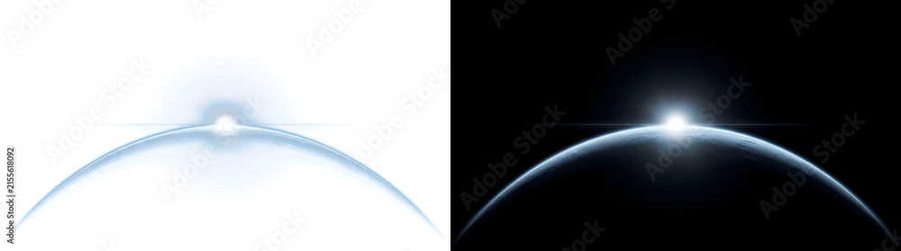 Fototapeta premium Earth Horizon glowing with bright sunrise light rising over the curved planet edge used in design with PNG, Transparent and Black Background Versions ready