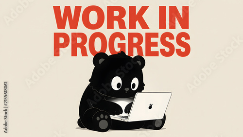Panda character working on a laptop computer sits under red work in progress text on a neutral background.