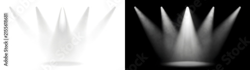 Fanned spotlight beams converging with bright center focus on stage floor with PNG, Transparent and Black Background Versions