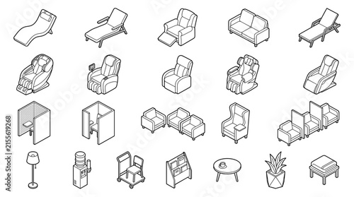 Isometric Outline Icons of Relaxation Furniture and Office Accents