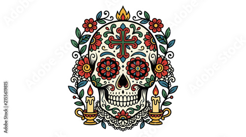 Ornate Decorated Skull with Flowers and Candles