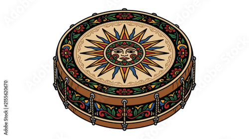 Ornate Drum with Sun Motif and Floral Decorations