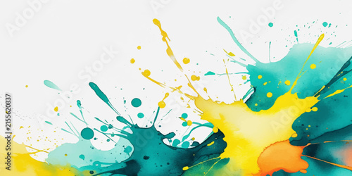 Colorful Paint Splashes and Ink Splatter on White Background with Watercolor Drops, Artistic Grunge Texture and Decorative Abstract Design Elements