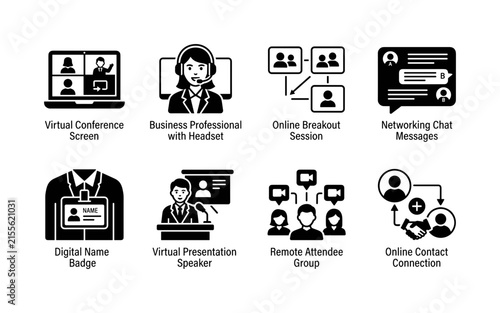 Online business networking event. Filled icon set of Online business networking event: virtual conference screen, business professional with headset, online breakout session, networking chat messages,