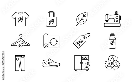 Sustainable fashion and eco-friendly clothing. Line outline icon set of Sustainable fashion and eco-friendly clothing: organic cotton shirt, reusable bag, leaf, sewing machine, hanger, recycled