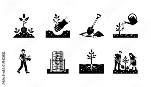 Tree Planting. Filled icon set of Tree Planting: tree seedling in soil, hand planting sapling, shovel digging planting hole, watering can with young tree, person carrying seedlings, protective tree
