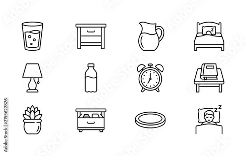 Filling Up a Glass of Water by the Bed. Line outline icon set of Filling Up a Glass of Water by the Bed: glass of water, bedside table, water pitcher, bed, lamp, water bottle, alarm clock, book,