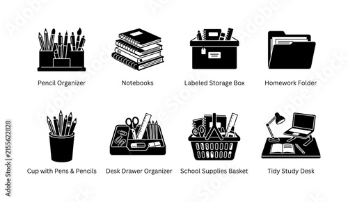 Organizing Kids’ Homework Supplies. Filled icon set of Organizing Kids’ Homework Supplies: pencil organizer, stacked notebooks, labeled storage box, homework folder, cup with pens and pencils, desk