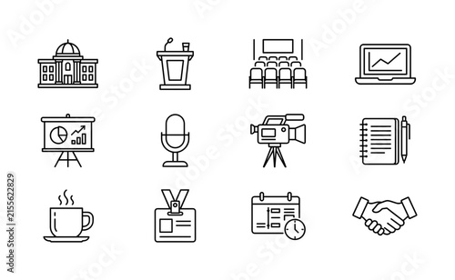Business Conferences. Line outline icon set of Business Conferences: conference hall, speaker podium, audience seats, laptop, presentation board, microphone, video camera, notebook, coffee cup, name