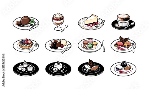 Gourmet dessert plating. Filled icon set of Gourmet dessert plating: chocolate mousse with garnish, layered dessert glass, decorated cheesecake slice, plated soufflé, fruit tart with berries,