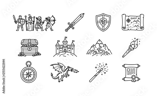 A group of heroes embarking on a mythical quest. Line outline icon set of A group of heroes embarking on a mythical quest: hero group, sword, shield, map, treasure chest, castle, mountain, torch,