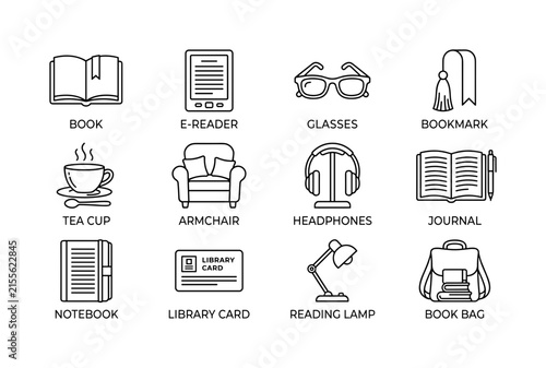 Reading Lifestyle. Line outline icon set of Reading Lifestyle: book, e-reader, glasses, bookmark, tea cup, armchair, headphones, journal, notebook, library card, reading lamp, book bag. All icons in