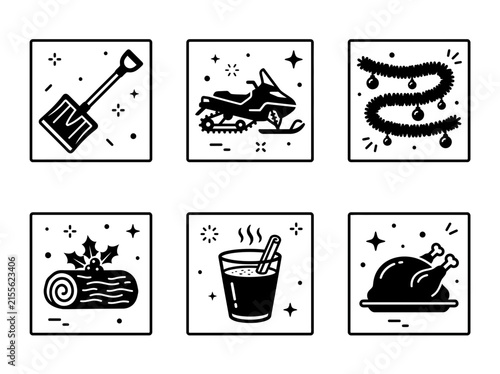 A collection of six black and white icons representing various winter and holiday season elements including a snow shovel, snowmobile, Christmas garland, Yule log, hot drink, and roasted turkey.