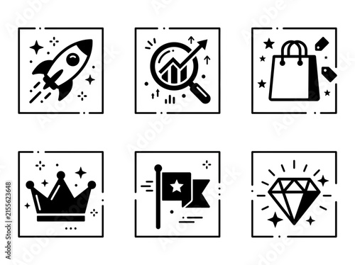 Set of business and success icons including rocket, analysis, shopping, crown, flag, and diamond.