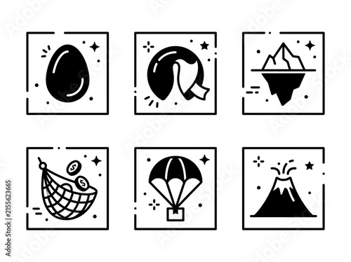 Collection of six black and white line art icons featuring an egg, fortune cookie, iceberg, money net, parachute, and erupting volcano.