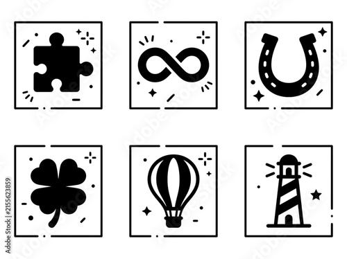 Six black and white line art icons featuring a puzzle piece, infinity symbol, horseshoe, four-leaf clover, hot air balloon, and lighthouse.