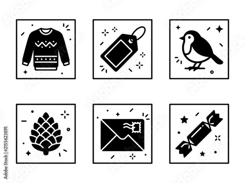 A collection of six black and white Christmas and winter-themed icons including a sweater, tag, robin, pine cone, envelope, and cracker.