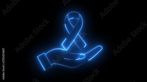glowing neon hand holding a cancer awareness ribbon icon isolated on black background. symbolizing support, hope, and medical care for cancer survivors, patients, and healthcare charity