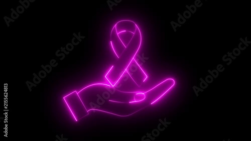 glowing neon hand holding a cancer awareness ribbon icon isolated on black background. symbolizing support, hope, and medical care for cancer survivors, patients, and healthcare charity