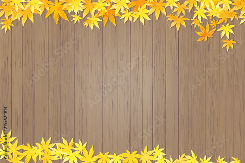 紅葉の葉と板（ウッドデッキ）の背景イラスト、季節のイメージ