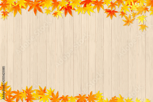 紅葉の葉と板（ウッドデッキ）の背景イラスト、季節のイメージ