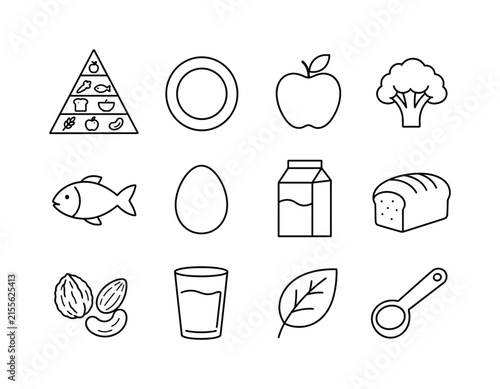 Balanced nutrition. Line outline icon set of Balanced nutrition: food pyramid, plate, apple, broccoli, fish, egg, milk carton, whole grain loaf, nuts, water glass, leaf, measuring spoon. All icons in