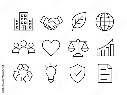 Corporate social responsibility and management. Line outline icon set of Corporate social responsibility and management: office building, handshake, leaf, globe, team, heart, balance scale, upward