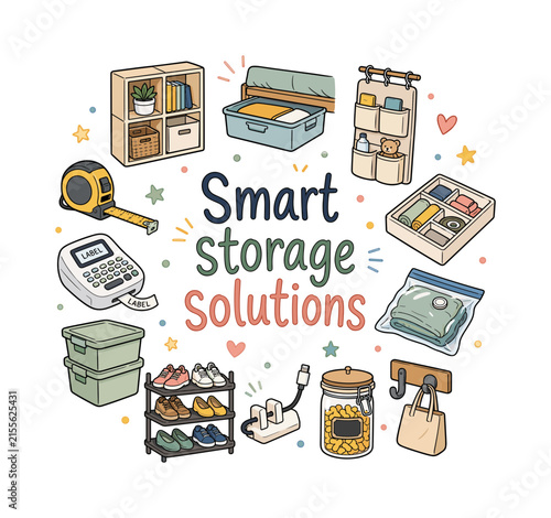 Smart storage solutions. Hand drawn illustration of Smart storage solutions. modular shelf, under bed box, hanging organizer, drawer tray, vacuum bag, wall hook, pantry jar, cable clip, shoe rack,