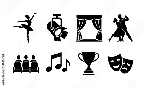 Dance Performances and Shows. Filled icon set of Dance Performances and Shows: ballerina dancer, stage spotlight, theater curtains, dance couple, audience seats, music note, trophy cup, performance