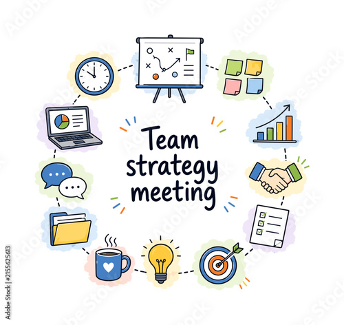 Team strategy meeting. Hand drawn illustration of Team strategy meeting. strategy map, sticky notes, growth chart, handshake, laptop, checklist, target icon, idea bulb, coffee mug, speech bubbles,