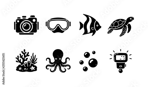 Underwater Wildlife Photography. Filled icon set of Underwater Wildlife Photography: underwater camera, scuba mask, tropical fish, sea turtle, coral reef, octopus, bubbles, camera flash. Solid icons