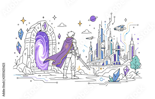 Fantasy and Sci-Fi Art Illustrations. A brave character stands between a glowing magic portal and a futuristic city skyline, with floating stars, crystals, and circuit shapes around the scene. The