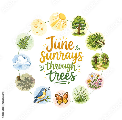 June sunrays through trees. Hand drawn illustration of June sunrays through trees. golden sunbeam, tall oak tree, leafy canopy, forest path, wildflowers, soft grass, butterfly, songbird, tree shadow,