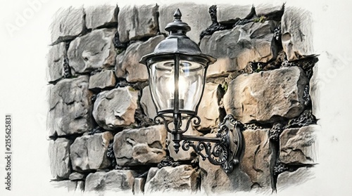 Vintage lantern mounted on stone wall
