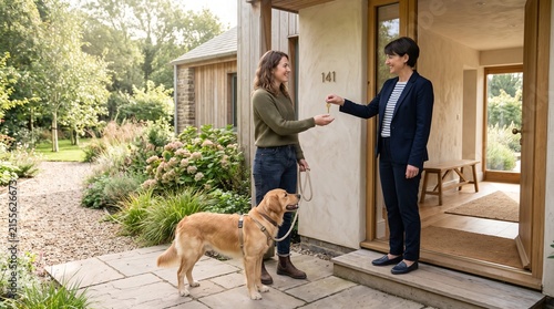 Renter receives keys with calm dog at a new rental home